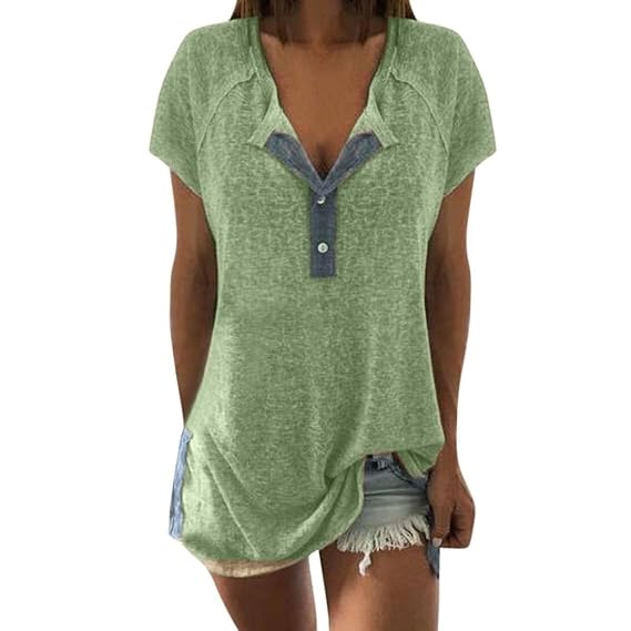 TITIU Damen Lose Patchwork Casual Knopf Kurzarm Bluse Oberteil Tees T-Shirt Tops