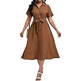 RuoRayVan Women's Summer Casual Button Down V Neck Short Sleeve Smocked High Waist A-Line Elegant Belted Midi Dress