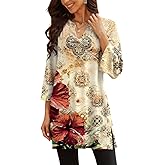Poetsky Womens Tunic Tops 3/4 Bell Sleeve Loose Fit Tunics Dressy Casual Side Split Flare Top for Leggings S-3XL