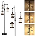 Airposta Dimmable Floor Lamps for Living Room, 3-Light Industrial Floor Lamp with Wood & Metal Cage, Farmhouse Standing Lamp Tall Tree Lamp for Bedroom Office, Rustic Black Tall Floor Lamp for Corner