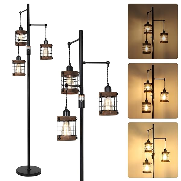AIRPOSTA DIMMABLE FLOOR LAMPS FOR LIVING ROOM, 3-LIGHT INDUSTRIAL FLOOR LAMP WITH WOOD & METAL CAGE, FARMHOUSE STANDING LAMP TALL TREE LAMP FOR BEDROOM OFFICE, RUSTIC BLACK TALL FLOOR LAMP FOR CORNER