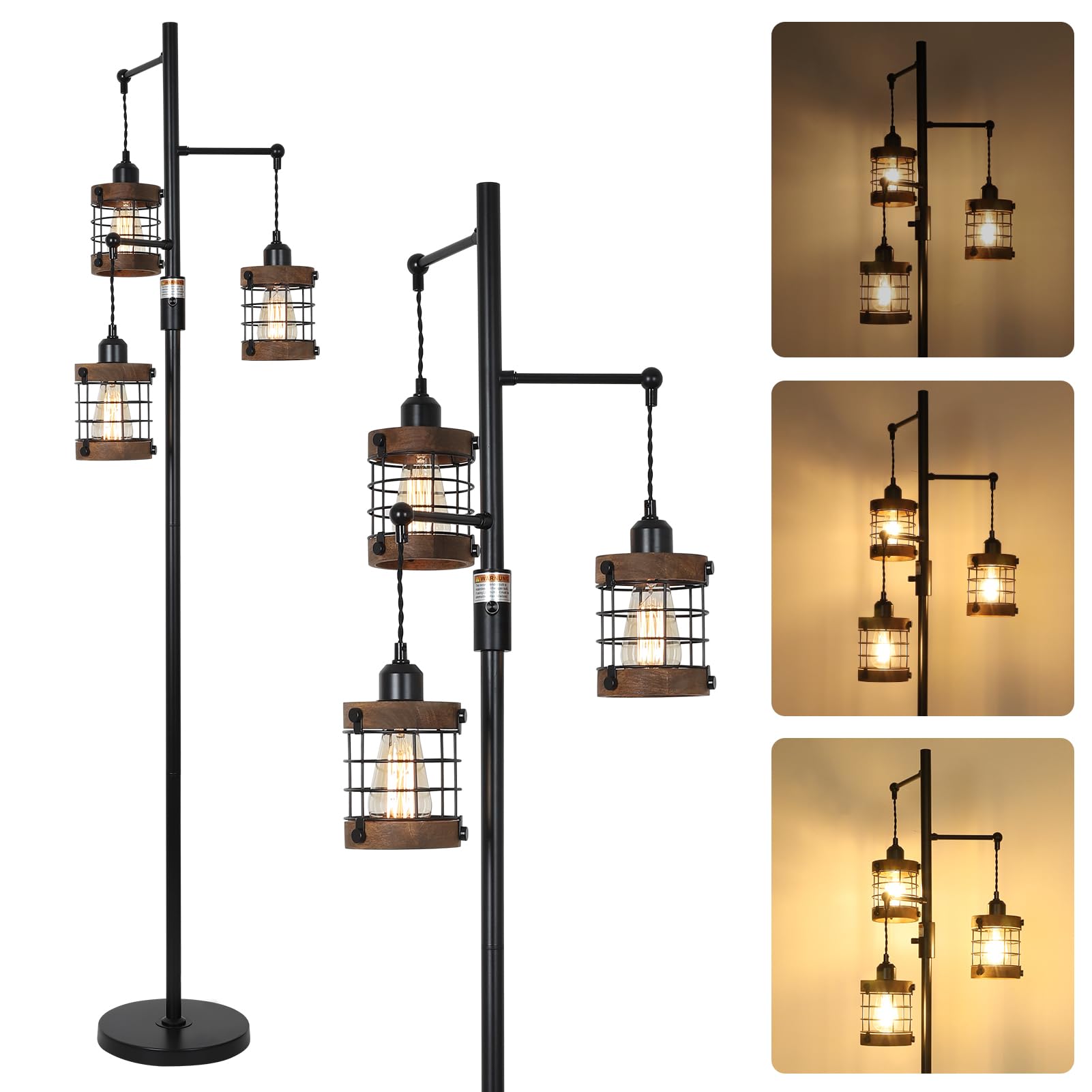 Photo 1 of Airposta Dimmable Floor Lamps for Living Room, 3-Light Industrial Floor Lamp with Wood & Metal Cage, Farmhouse Standing Lamp Tall Tree Lamp for Bedroom Office, Rustic Black Tall Floor Lamp for Corner