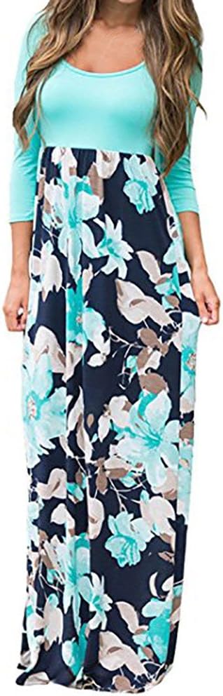 Women Sexy Sheer Long Sleeve Dress Split Floral Casual Beach Maxi Swing Sundress