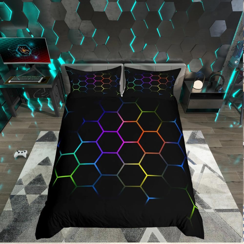 Boys Cartoon Honeycomb Duvet Cover Hexagon Bedding Set Kids Teens Colorful Grid Art Bed Cover Purple Orange Yellow Black Bedspread Cover 2Pcs Single Size