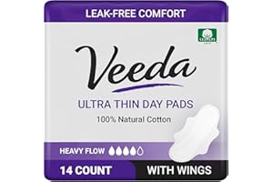 Veeda Natural Cotton Day Pads for Women - Heavy Flow Absorbent Ultra-Thin Feminine Pads with Wings - Hypoallergenic Period pad - Unscented & Chlorine free Sanitary Napkins - 14 Count