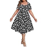 RITERA Plus Size Dresses for Curvy Women Boho Summer Midi Dress Sweetheart Neck Short Sleeve Dresses Empire Waist with Pocket