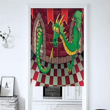 Amazon 綿 のれん 85x150cm ドラゴンファンタジー世界中世のイラストと城の中のビデオゲームのデザイン 和風 暖簾 おしゃれ 目隠し暖簾 バスルーム目隠し カーテン 玄関 店 入り口 のれん 制作 東京 暖簾 店 150cm のれん のれん オンライン通販