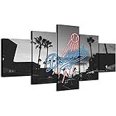 Neon effect Dodgers Sign With Los Angeles California B&W Photography Poster (5-Panel Framed Canvas Printing Full Size: 60x100cm) Home Decor Man Cave Wall Art