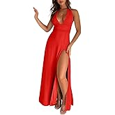 Ekaliy Womens Sexy Halter Deep V Neck Maxi Dress Sleeveless Backless Split Long Dress