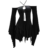 MEOWCOS Women's Gothic Top Skirt Set Halloween Costume Dark Elf Style Irregular Off-shoulder Top and Skirt