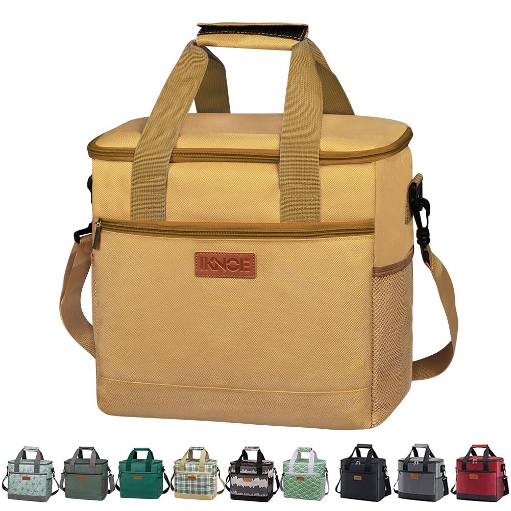 iknoe Large Cooler Bag Collapsible, 15L Insulated Bags, Leakproof Lunch Cooler Tote with Multi-Pockets for Adult, Insulated Lunch Box for Beach, Picnic, Work, Khaki 24-Can