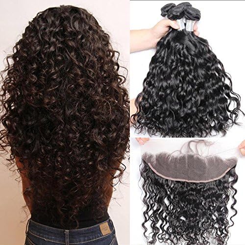 7A Virgin Hair Water Wave 3 Bundles With Lace Frontal Closure 13x4 Ear To Ear Frontal With Baby Hair Brazilian Human Hair Extensions(12 14 16with 10)