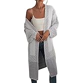 chouyatou Women's Color Block Striped Fuzzy Long Cardigan Sweaters Open Front Diagonal Stripe Knit Cardigan Jacket Coat