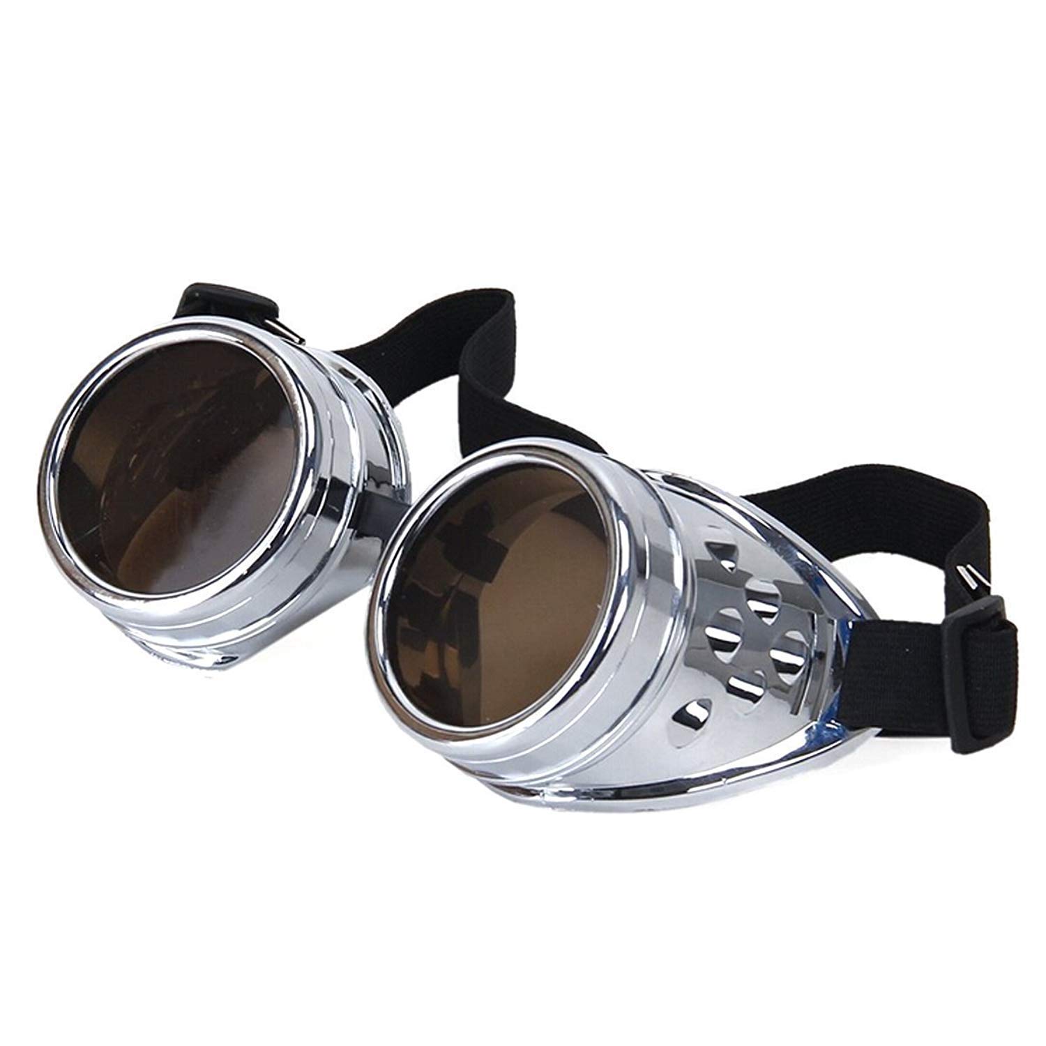 Ultra Silver with Brown Lenses Steampunk Goggles Mens Womens Cyber Gasses Victorian Punk Welding Cosplay Goggles Goth Rustic Rivet Round Eyewear Flying Goggles Fancy Dress Pilot Goggles