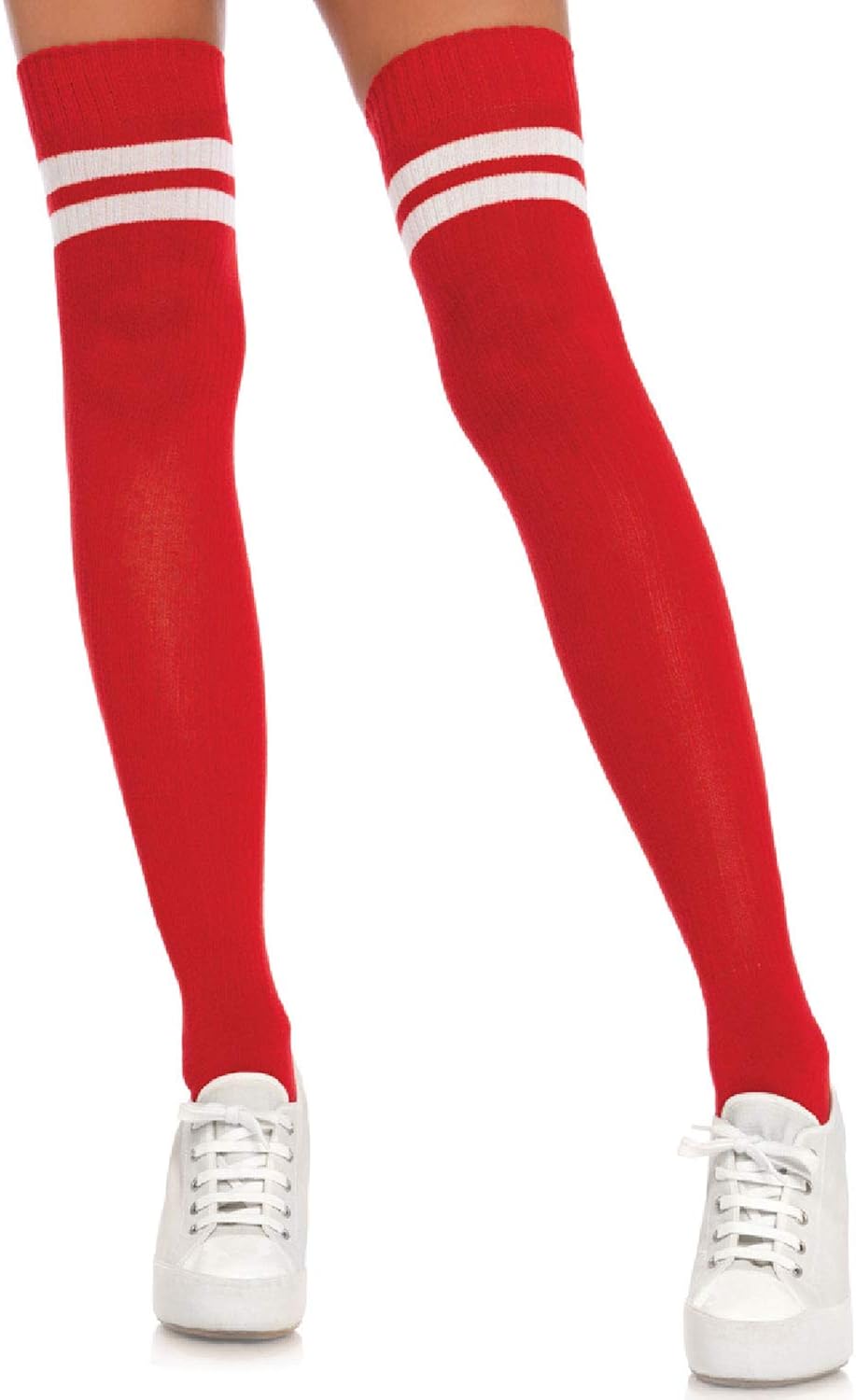 Leg Avenue Women's Ribbed Athletic Thigh High Socks, White/Orange, One Size: Clothing