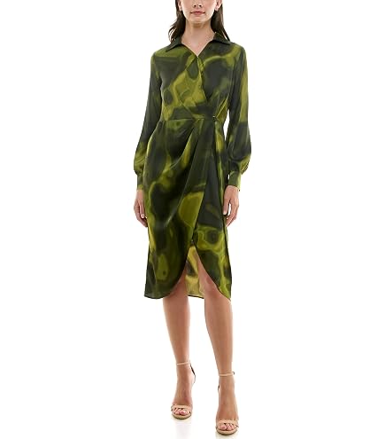 Nicole Miller Women's Long Sleeved Shirt Collar Surplice Satin Shirt Dress, Navy Print, 4 at Amazon Women's Clothing store