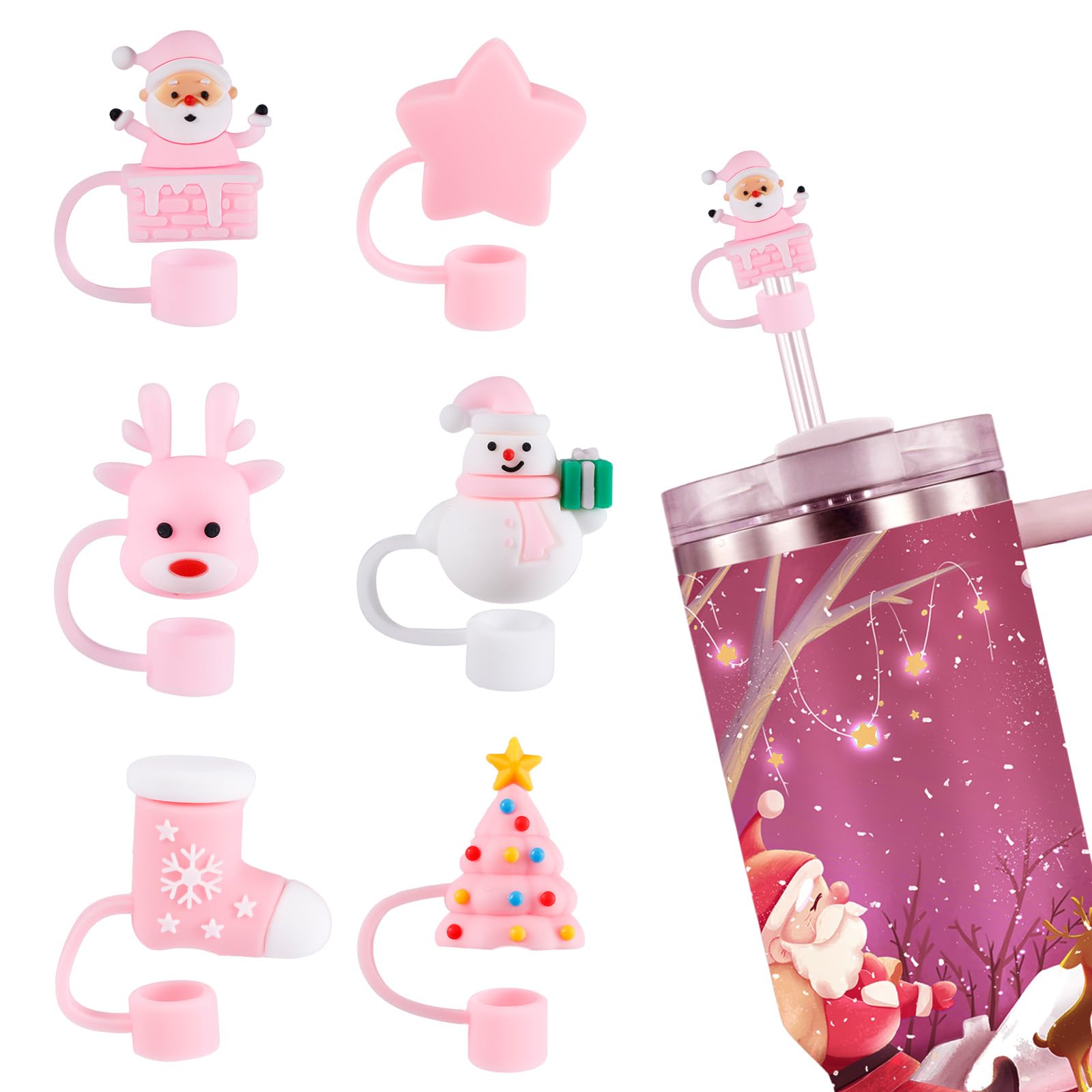 6pcs Christmas Straw Toppers, 10mm Christmas Straw Lids 6 Style Cute Straw Stopper Plug Tips, Reusable Straw Cover Cap Cup Part Accessories Compatible with Stanley Tumbler 40/30oz
