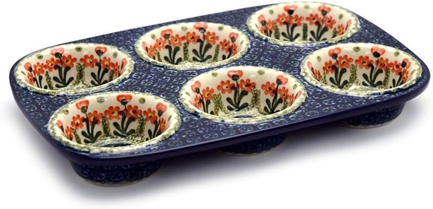 Polish Pottery Muffin Pan - Peach Spring Daisy
