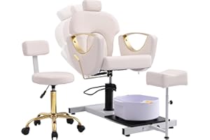 YOCONYO Pedicure Chair with 360 Degree Swivel Stool, Adjustable Hydraulic Lift Reclining Pedicure Station, Hydraulic Pedicure Chair for Massage Shop, Pedicure Shop,Spa (White-Gold)