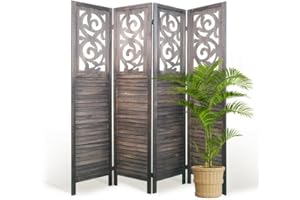 HIGREENA Room Divider, 5.6FT Folding Room Divider Panel, 4 Panel Craved Wood Partition Wall Divider for Room Separation, Rustic Brown