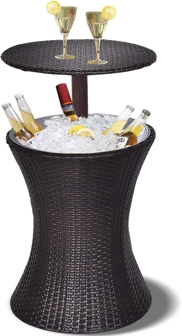 Giantex Outdoor Cool Bar Rattan Style Patio Cool Bar Table Adjustable Height Cocktail Coffee Table for Party Deck Pool Use, Brown: Kitchen & Dining