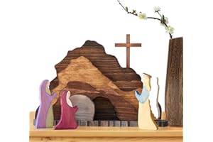 Lyxaof Empty Tomb Easter Scene, 9PCS Wooden Easter Tomb Set Handmade Jesus Nativity Scene and Cross Decorations for Home Office (9PCS)