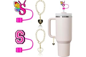 vuicci (2+2 Straw Cover 10mm and Initial Letter Charms Accessories For Stanley Tumbler Cup, Straw Cap Topper/Letters A to Z Charm Chains Name ID Personalized For Stanley 30&40 Oz Cup Tumbler