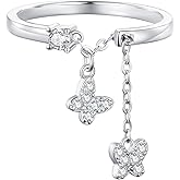 Dangling Butterfly Sterling Silver Ring for Women Cubic Zirconia Crystal Couple Butterflies Link Chain Statement Rings Engagement Promise Ring Adjustable Bands