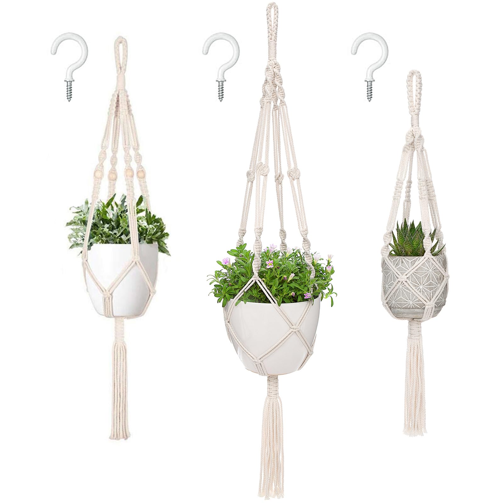 Mkouo Macrame Plant Hangers, 3 Different Sizes Indoor Hanging Planters Basket Decorative Flower Pots Holder Stand Boho Home Decor, Ivory