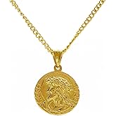 LINLINCHIC 18K Gold Plated Jesus Coin Necklace, Christian Prayer Pendant for Men Women, Religious Necklace
