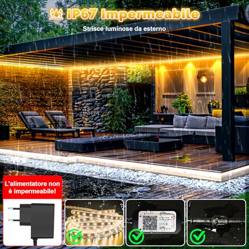 TENDIST 20M Waterproof Outdoor LED Strip IP67, Warm White Dimmable LED Outdoor Lights, Adhesive Strips with Remote Control & APP, Waterproof Strip 24 V for Outdoor Kitchen, Gazebo