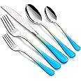 Onlycooker Colorful Silverware Set 20 Piece 18/0 Stainless Steel Flatware Blue and Yellow Handle Cutlery Set Service for 4 Fork Knife Spoon Set Mirror Finish Dishwasher Safe