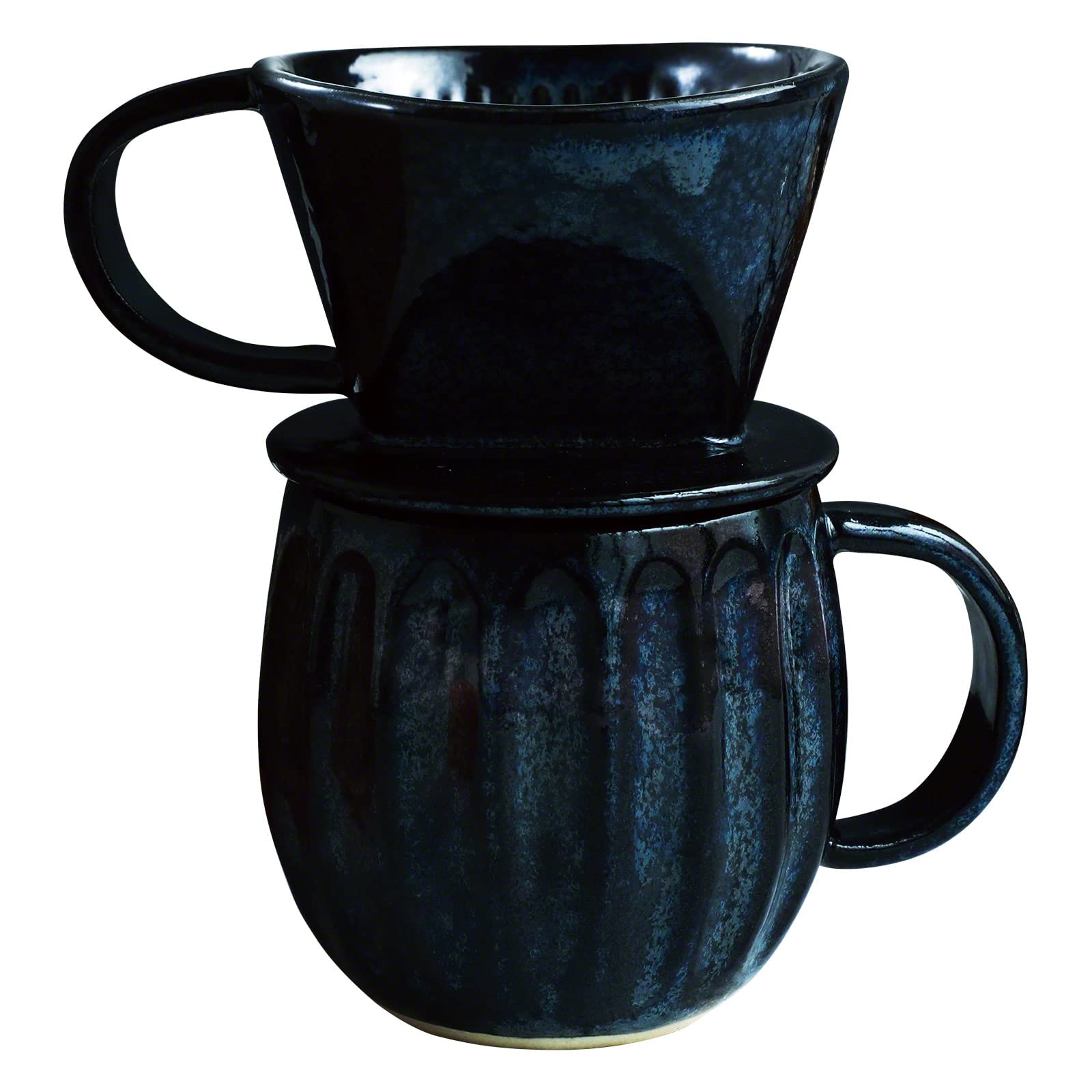 Asayu Japan Ceramic Coffee Pour Over Maker Set in Dark Navy Blue, Slow Brewing Paper Filter Dripper With Mug for Hot or Cold Coffee and Tea - Complete 2PCS Set