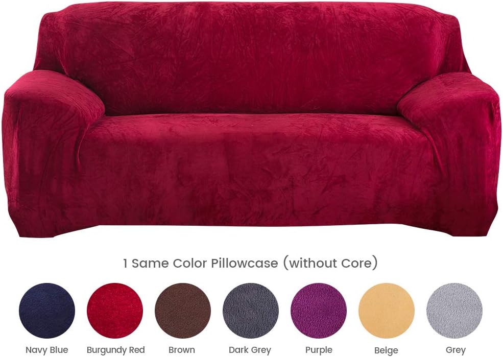 Hengweiuk Thick Sofa Covers, Premium Pure Color Sofa Protector 1/2/3/4 Seater Velvet Sofa Slipcover Stretch Easy Fit Stylish Furniture Cover Pet Dog Protector (Wine Red, 3 Seater/Sofa)