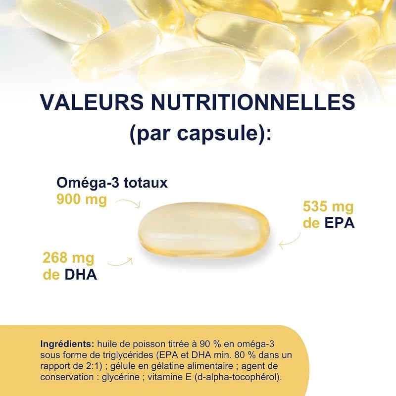 Vitality 1000 – Complément de 1000 mg d'oméga 3 - vitamine E - Pour le coeur et le cerveau - Concentration en oméga 3 de 90% - Certificat IFOS 5 étoiles - Huile de poisson pure - 90 gélules