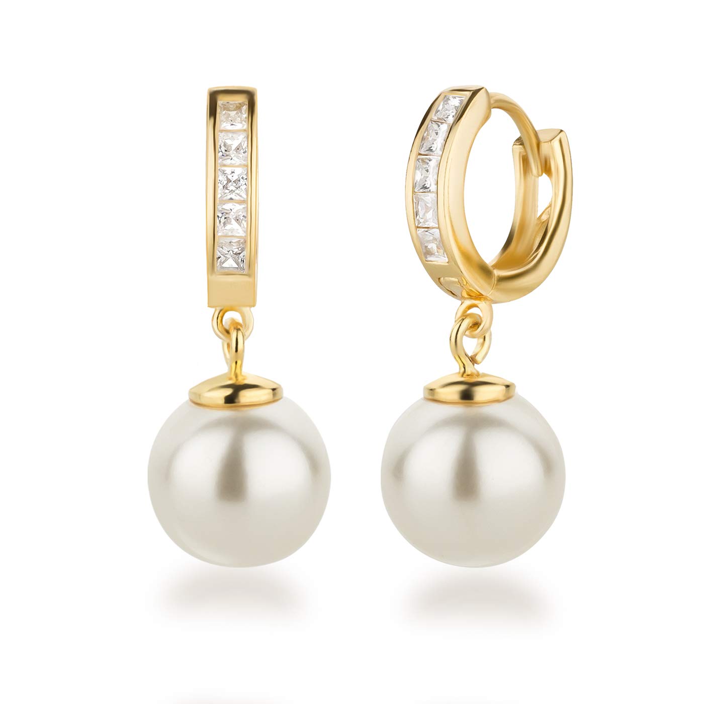 Schöner-SD 925 Silver Gold-Plated Hoop Earrings with 10 mm Pearl Ball White
