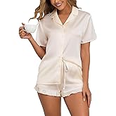 Veseacky Womens Satin Silk Pajamas Set Button Down Short Sleeve Sleepwear Soft 2 Piece Pjs Set with the pockets
