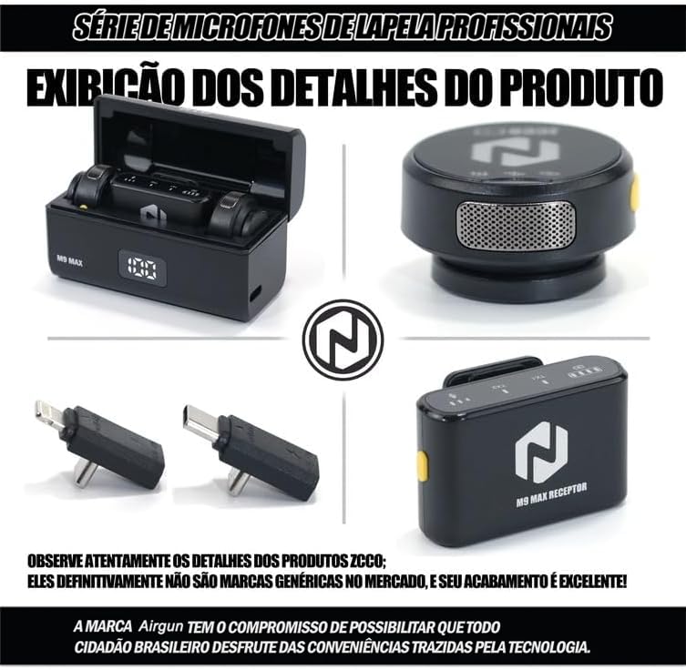 Microfone Lapela Sem Fio Magnético Completo m9 Max para YouTube, TikTok, Podcast e Vlogs