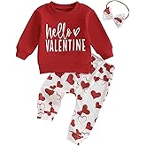AHUGHAUE Toddler Baby Girl Valentines Outfit Hello Valentine Crewneck Sweatshirt Heart Print Pants Headband Clothes Set