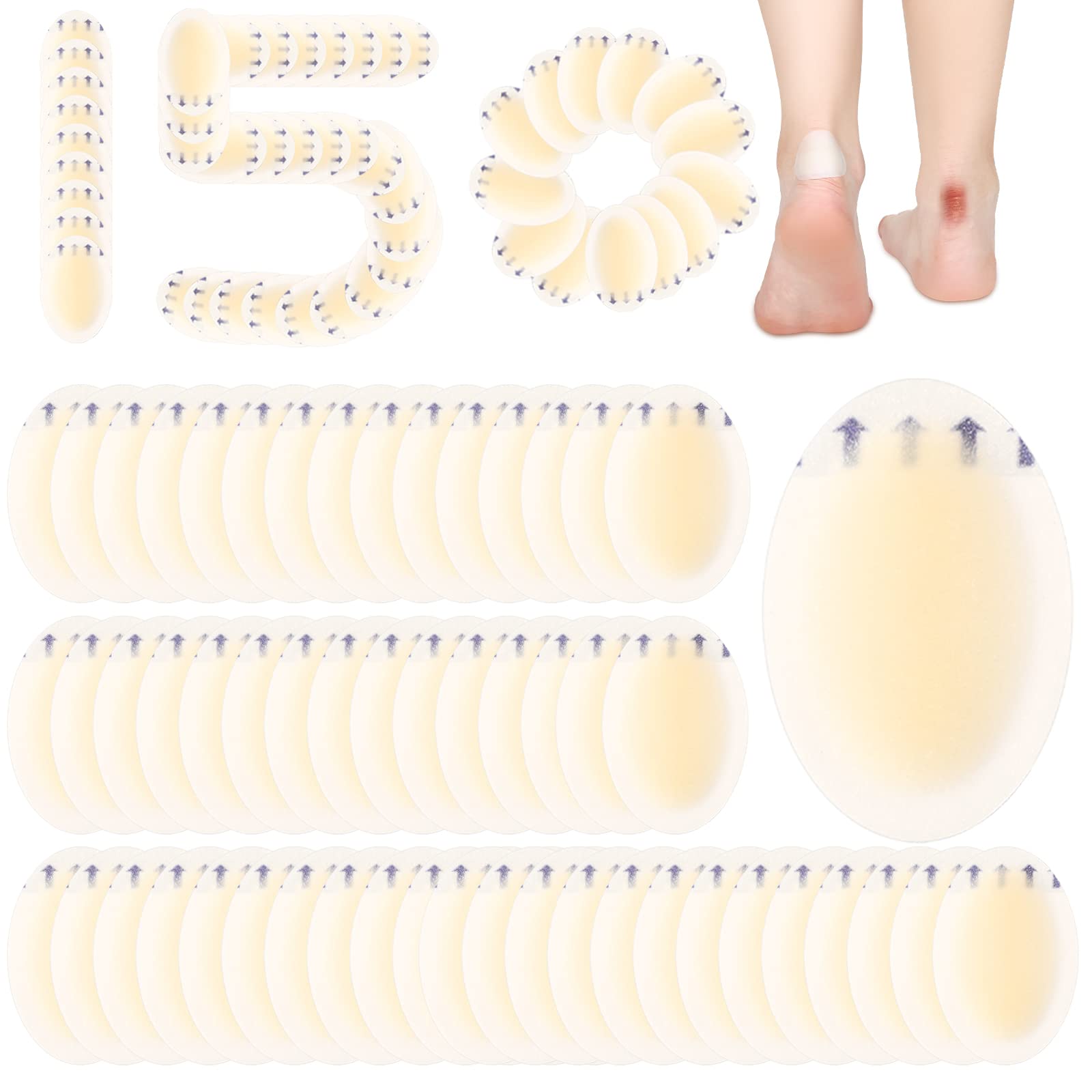 Photo 1 of Tarpop 150 Pcs Blister Bandages for Feet, Waterproof Hydrocolloid Gel Pads, Hydrocolloid Bandages, Adhesive Feet Cushions for Heel, Toe, Finger Protection, Blister Prevention Patches(Oval)
