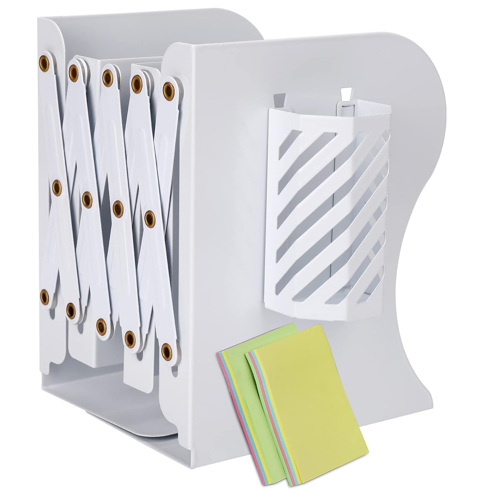 Book Ends,DARUITE Metal Bookends with Detachable Pen Container,Adjustable Non-Skid Heavy Duty Book Stopper, Bookends Holder for Shelves,Book Dividers for Library Home Classroom School Office(White)