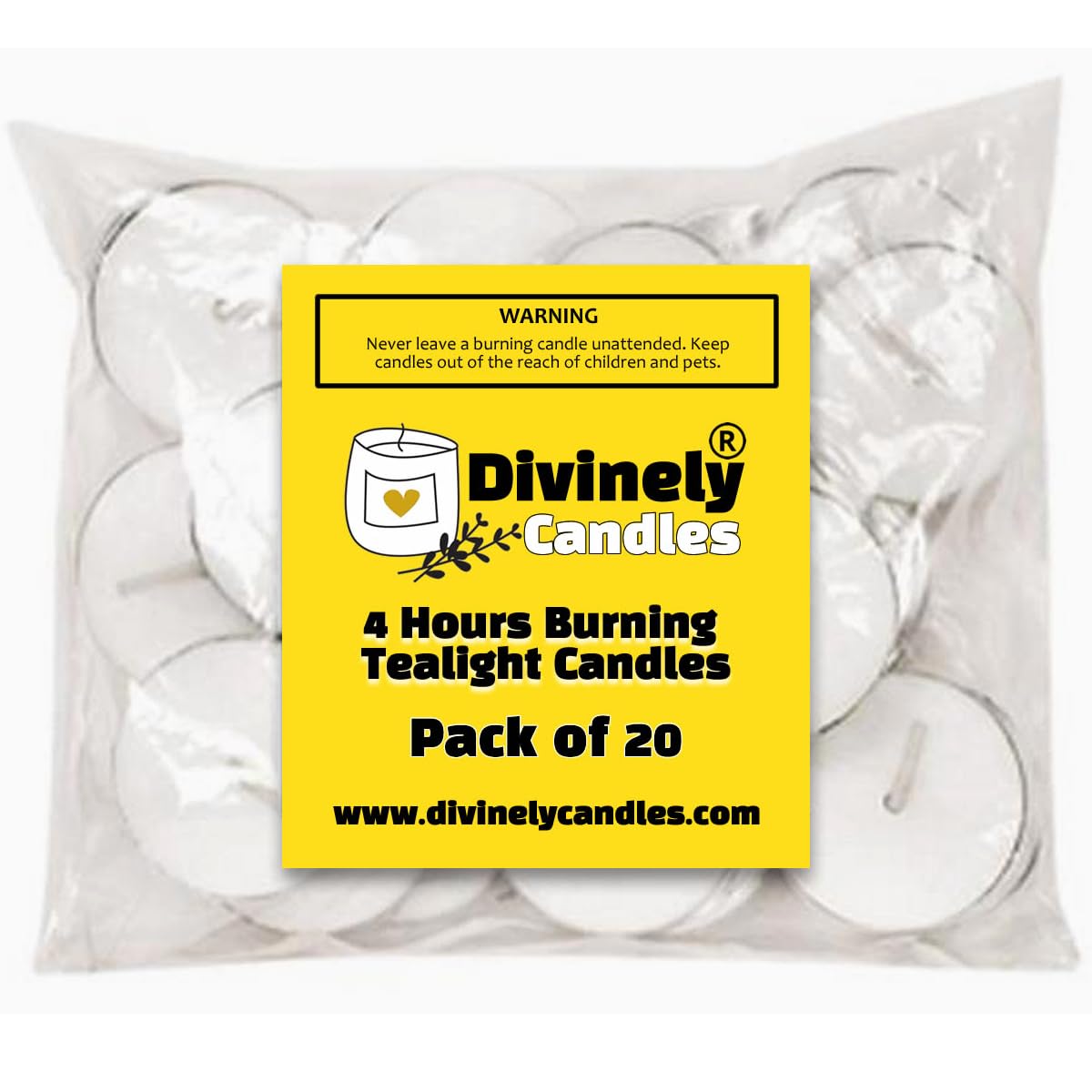 Divinely Candles® 4 Hour Tea Light Candles (20 Pack) Tea Lights for Home Decor, Centerpiece, Special Occasions Tealight Candles Unscented Tealights Long Burning Tealights White Tealight Candles