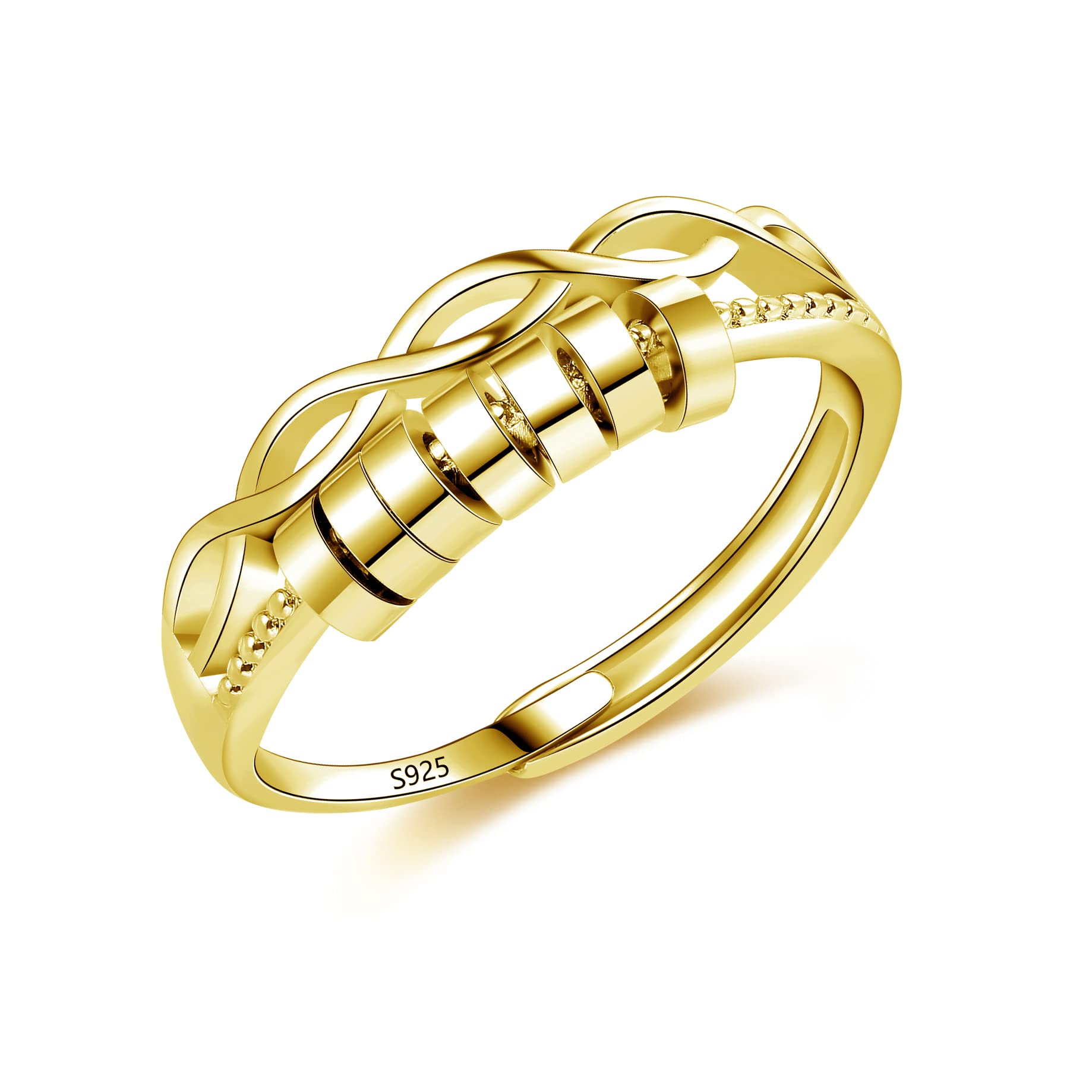 Cangall Silver Anxiety Ring, 925 Sterling Silver Unisex Gold Relieving Fidget Ring for Women, Adjustable Open With Beads Spinner, Fatigue Relief Gifts for Men