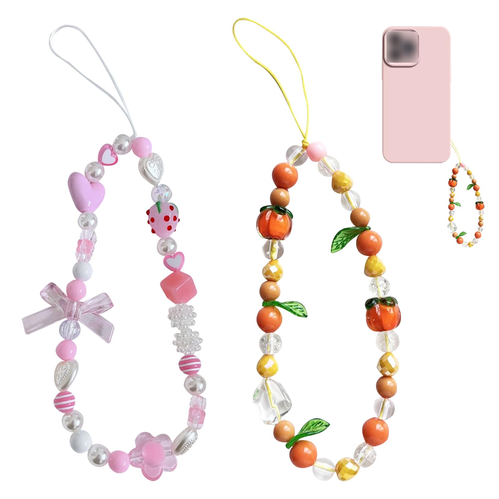 FOSDICK 2 PCS Crystal Beaded Phone Charm, Cute Mobile Bracelet Wrist Strap Lanyard Chain Keychain for Girls Women (Pink, Orange)