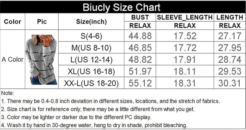 Biucly Womens Casual Crewneck Tie Dye Sweatshirt Striped Printed Loose Soft Long Sleeve Pullover Tops Shirts: Clothing