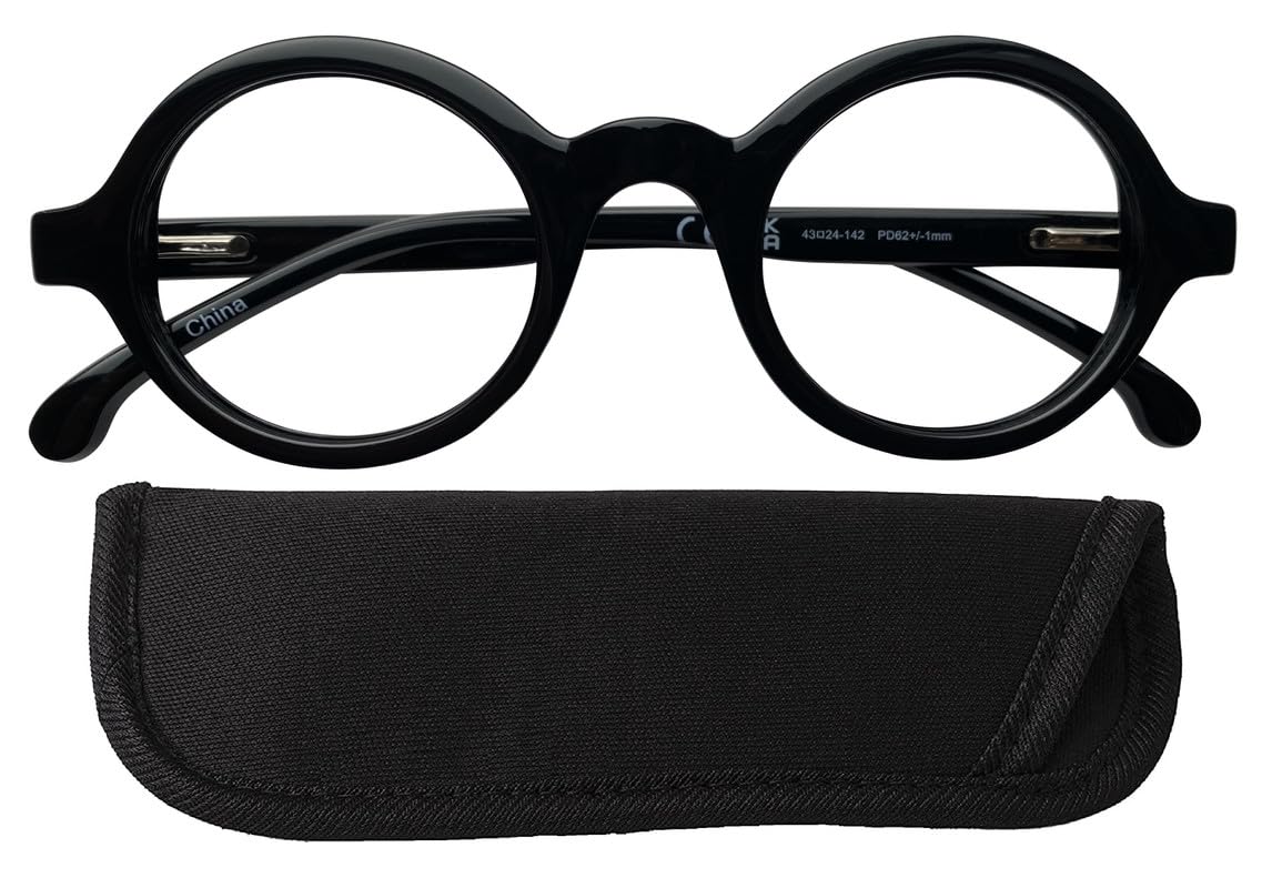 I-Sential Round Reading Glasses for Men Women Ladies with Case Metal Spring Hinges Gloss Black Stylish Readers Comfortable Retro Fashion 3.0