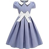 ODIZLI Kids Girls 1950s Retro Vintage Dress Short Puff Sleeve Contrast Panel Swing Party Dresses