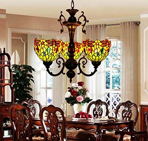 MakenierVintage Tiffany Style Stained Glass 3 Arms Green Dragonfly Floral Lampshades Chandelier