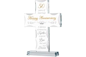 GIRVEM 50th Wedding Anniversary Religious Gifts for Parents, Laser Engraved Glass Standing Cross for Couple Wife Husband Dad Mom, 50 Years Aniversary Decorations for Home Party
