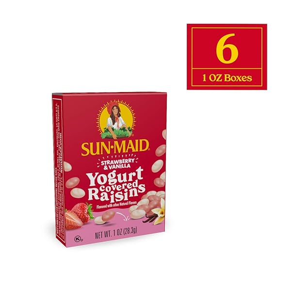 SUN-MAID STRAWBERRY & VANILLA YOGURT COATED RAISINS – (6 PACK) 1 OZ SNACK-SIZE BOX – YOGURT COVERED DRIED FRUIT FOR LUNCHES AND BACK TO SCHOOL SNACKS